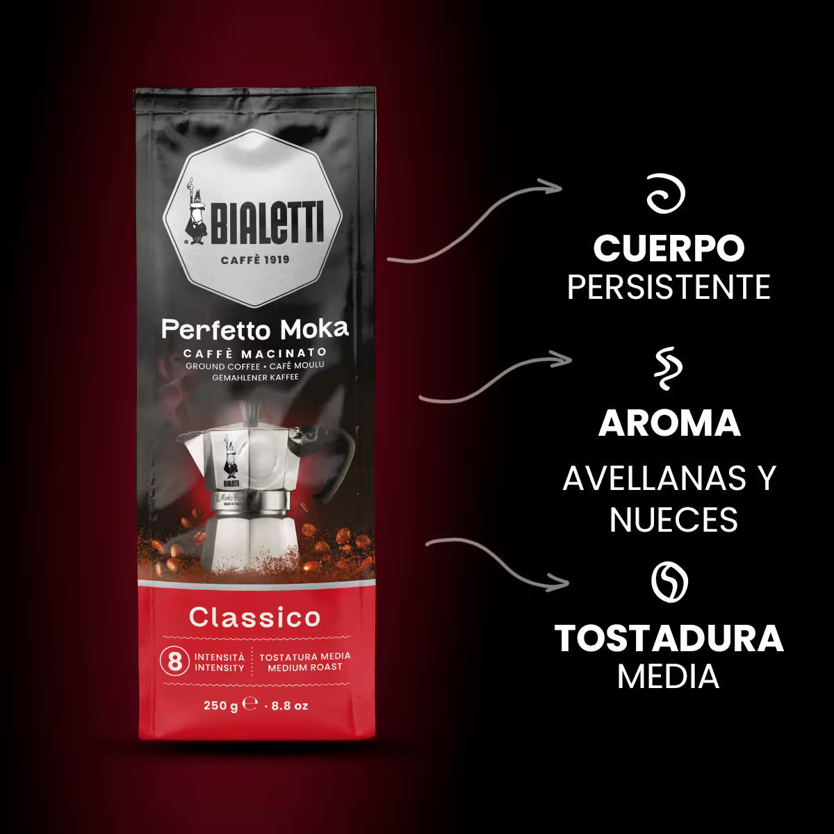 Perfil de Bialetti Perfecto Moka Classico, 250 g, cuerpo persistente y tostadura media.