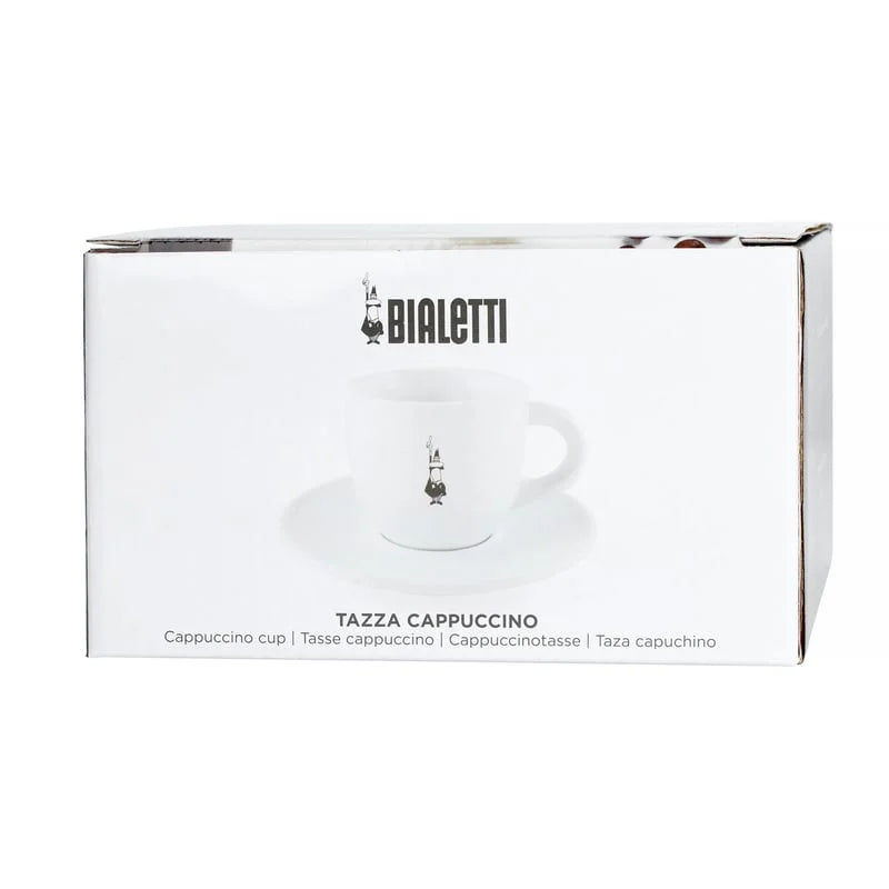Caja con taza de porcelana blanca para capuchino Bialetti y plato a juego