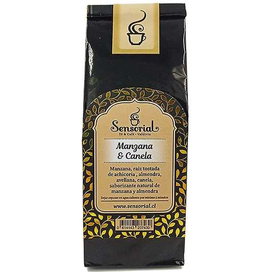 Infusión Sensorial Manzana y Canela en bolsa de 50 g, diseño negro y dorado