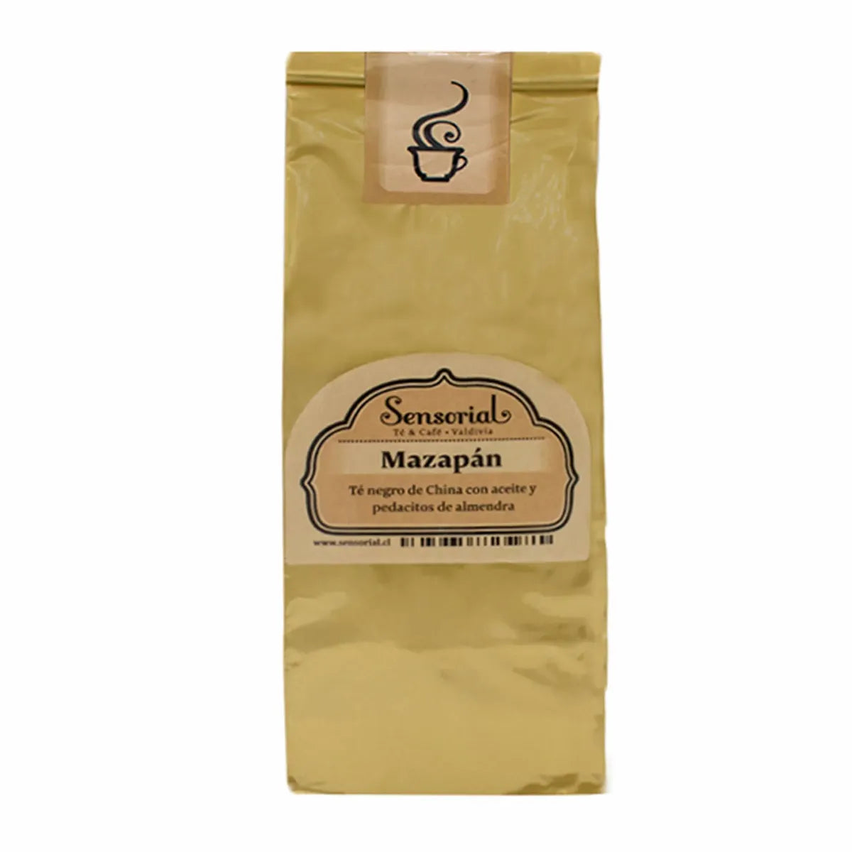 Bolsa de té negro sensorial Mazapán, empaque dorado de 50 g