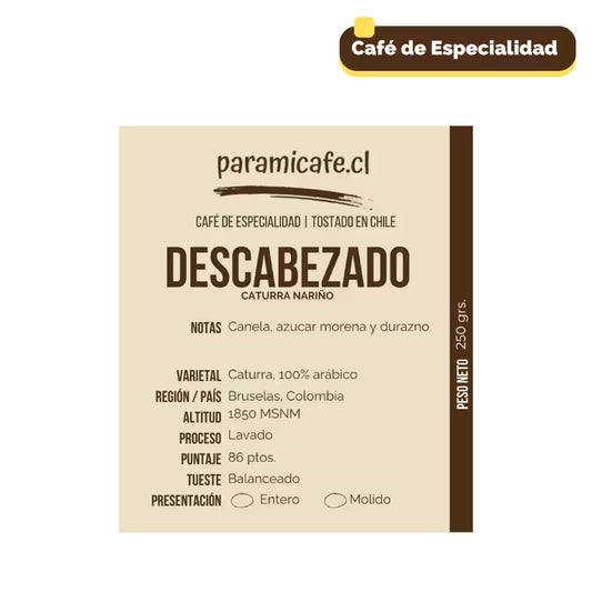Detalle etiqueta Bolsa de café molido especialidad Caturra Colombia, piramicafe.com, 250 g
