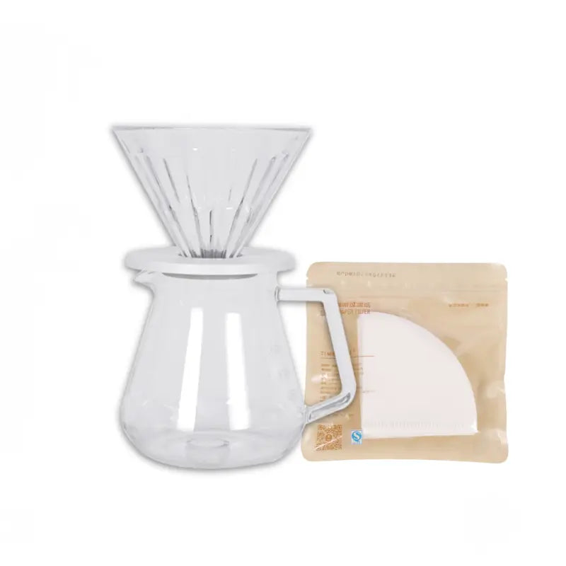 Cafetera de goteo transparente con embudo y jarra de vidrio, asa lateral y bolsa incluida