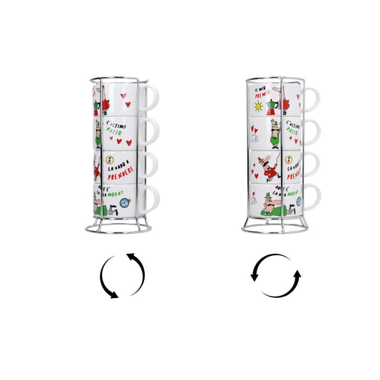 Juego de 4 tazas capuchino con asas e ilustraciones, en soporte metálico
