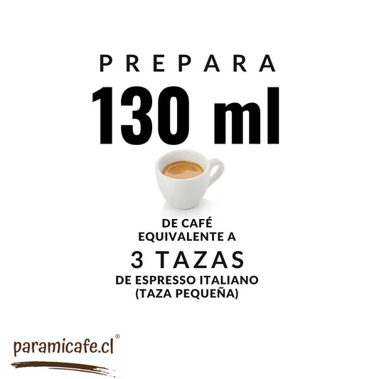 Cartel de instrucciones: prepara 130 ml, equivalente a 3 tazas espresso italiano