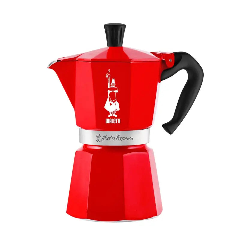 Cafetera de moka roja Bialetti con manija negra y tapa con pomo negro