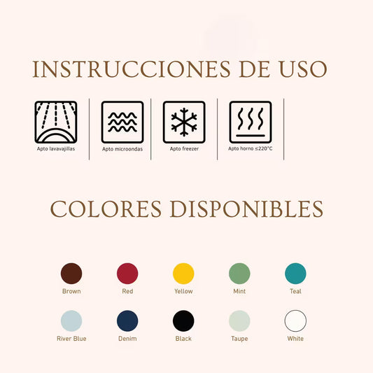 Cartel de instrucciones y colores disponibles para taza y plato EGG de 250 ml