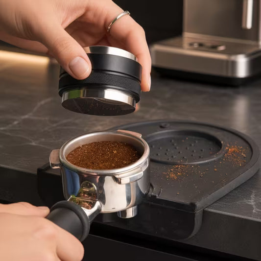 Base para apisonar negra con bandeja y disco perforado, usada con portafiltro