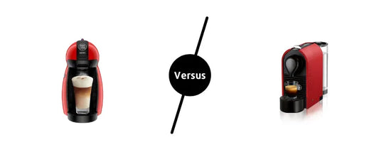 Comparativa visual entre cápsulas y máquinas de café Nespresso y Dolce Gusto.