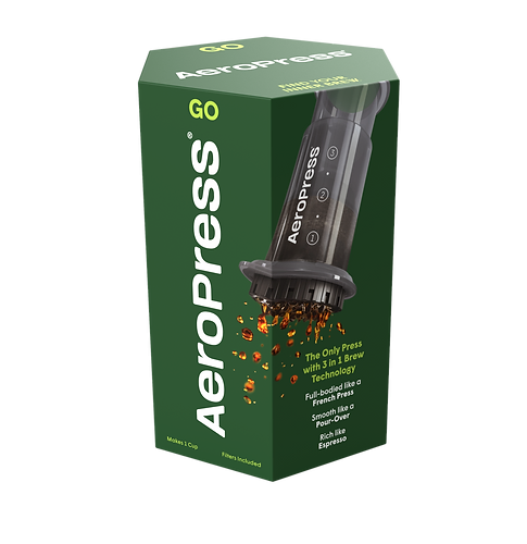 Caja de AeroPress GO color verde, con el dispositivo mostrado