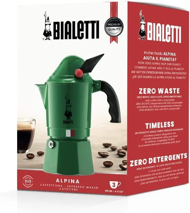 Cafetera moka Bialetti Alpina verde de 3 tazas, 130 ml, con asa negra.