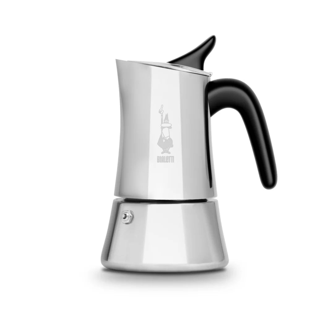 Cafetera italiana de acero Bialetti Moon Exclusive con manija negra y base plateada