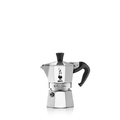 Cafetera italiana Moka Express Bialetti compacta de acero pulido con asa negra