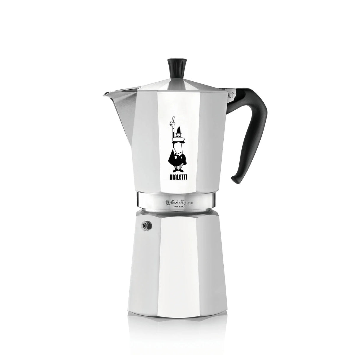 Cafetera moka Bialetti de aluminio con asa negra y silueta completa