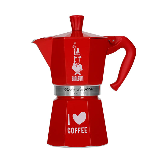 Cafetera moka roja Bialetti con asa y tapa; diseño I Love Coffee