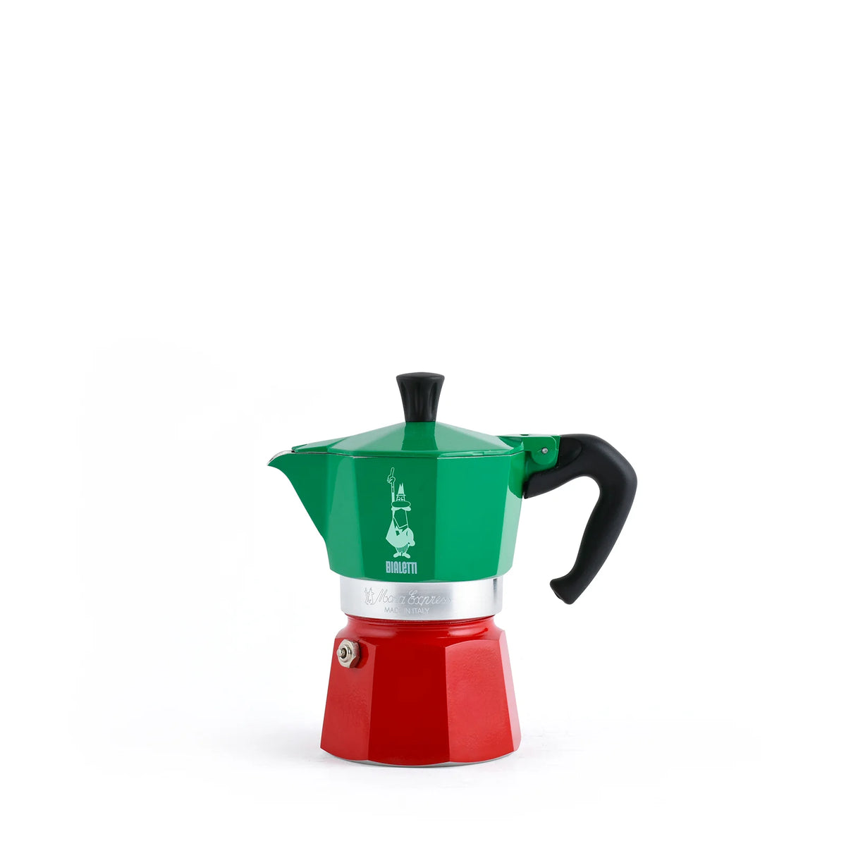 Cafetera moka tricolor con cuerpo rojo, parte superior verde y asa negra
