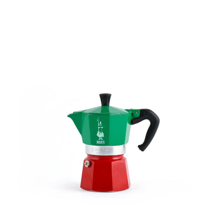 Cafetera moka tricolor con cuerpo rojo, parte superior verde y asa negra