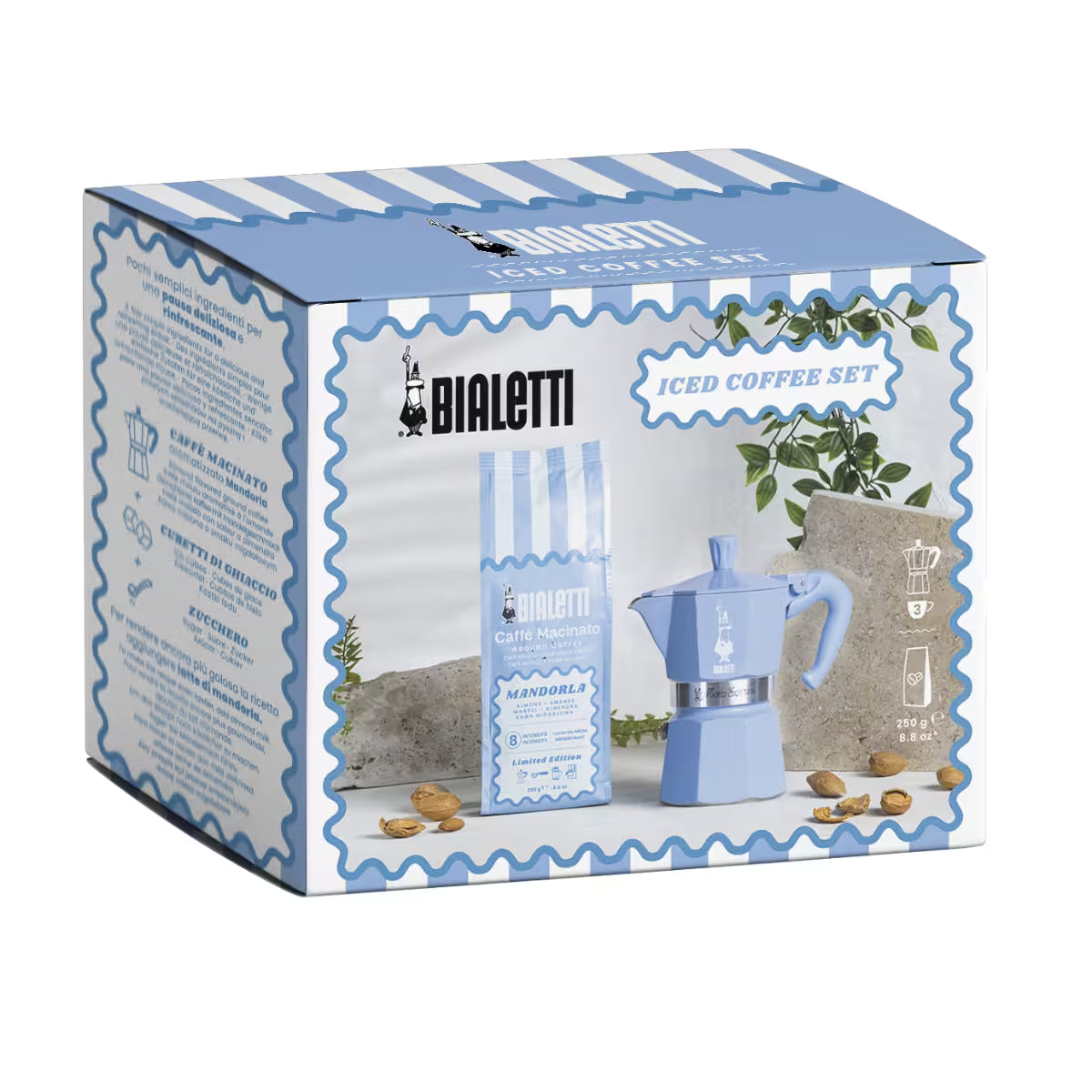 Caja del set de café helado con cafetera moka celeste y bolsa de café molido
