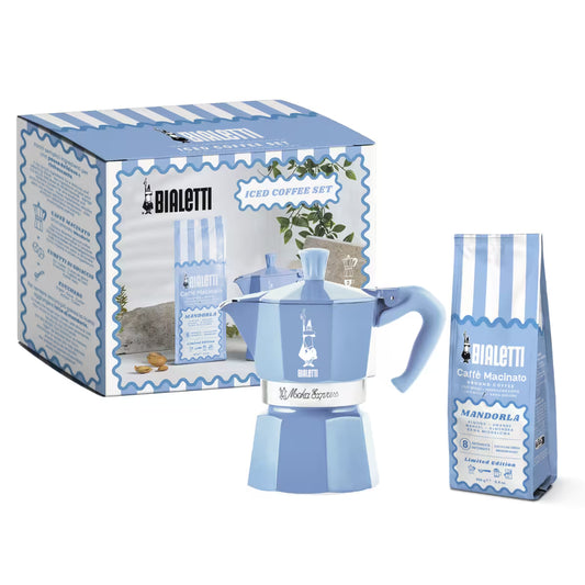 Set de cafetera moka celeste con asa y bolsa de café molido, en caja