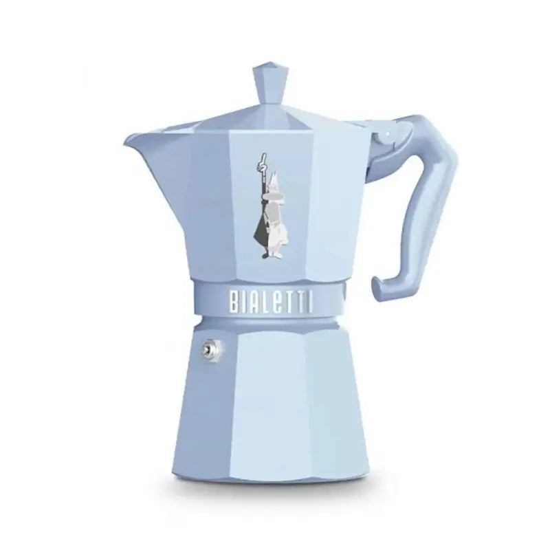 Cafetera moka Bialetti color azul claro, con asa lateral y tapa