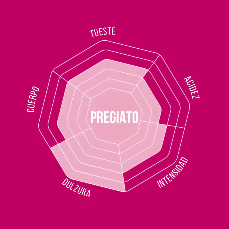 Gráfico de perfil Pregiato: tueste, cuerpo, acidez, dulzura e intensidad