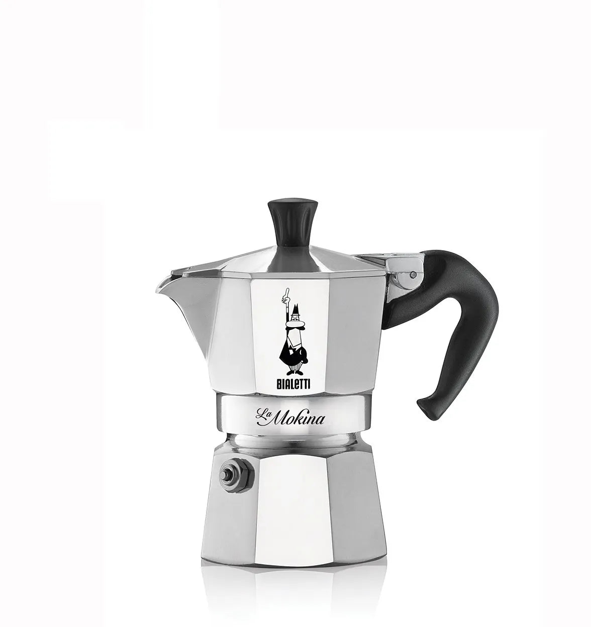 Cafetera italiana Moka Express Bialetti vista lateral, de acero pulido con asa negra