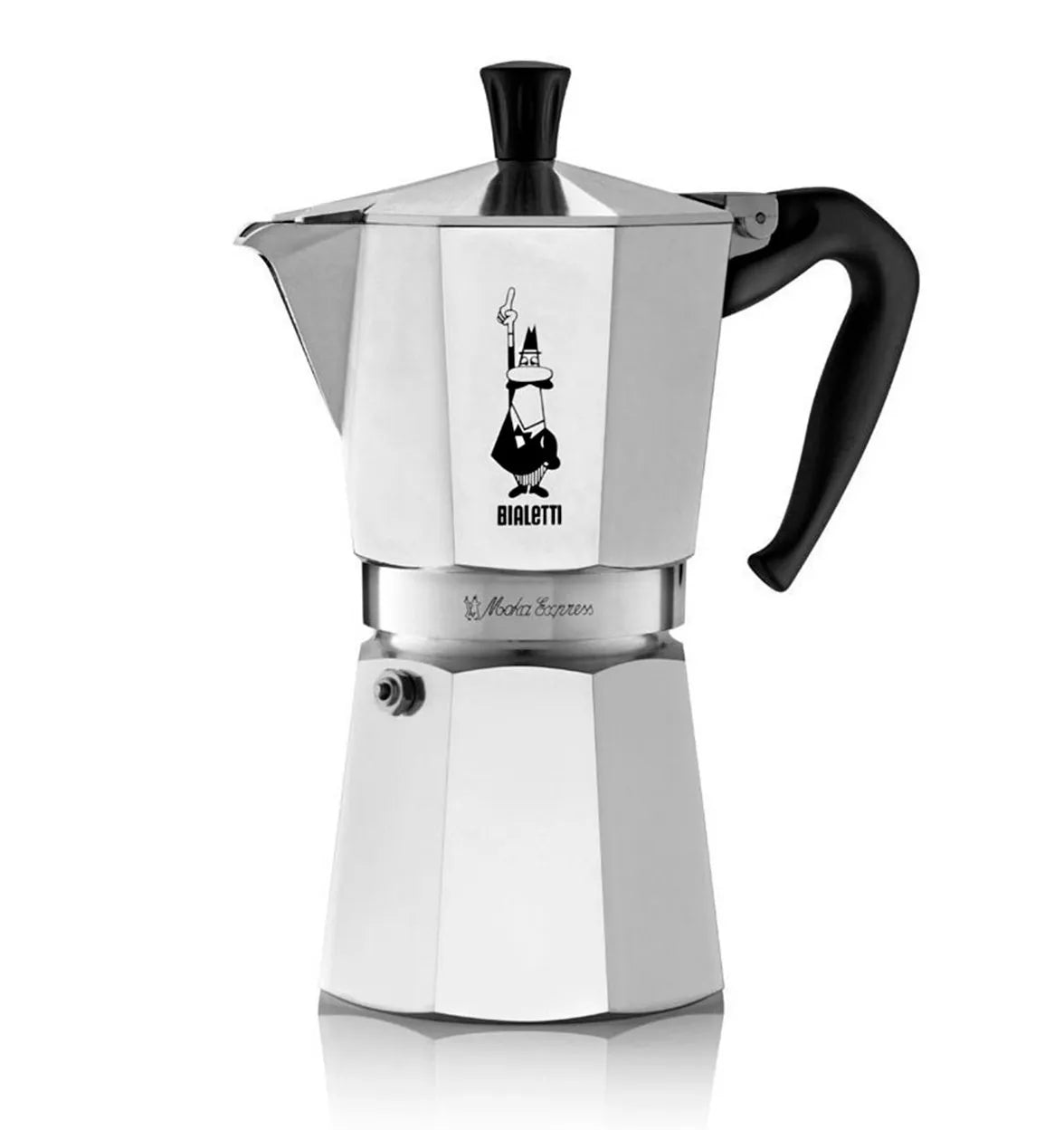 Cafetera moka Bialetti de aluminio con asa negra y logotipo en el cuerpo