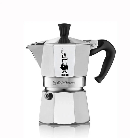 Cafetera italiana Moka Express Bialetti de acero pulido, chimenea y asa negras