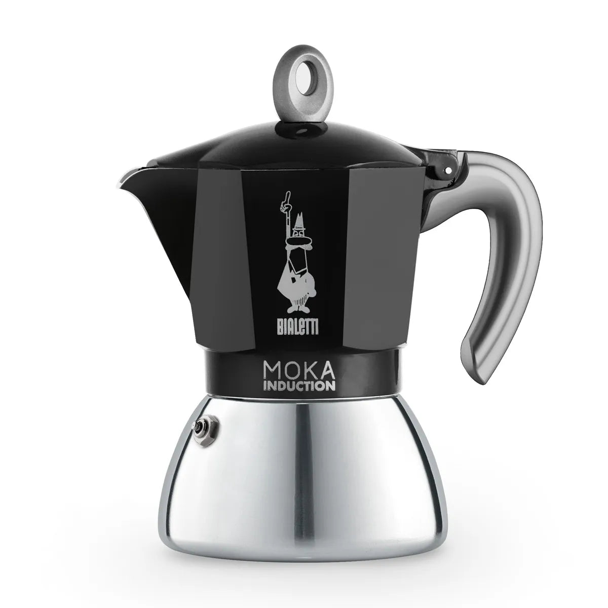Cafetera italiana Moka de inducción Bialetti negra, cuerpo de aluminio con base