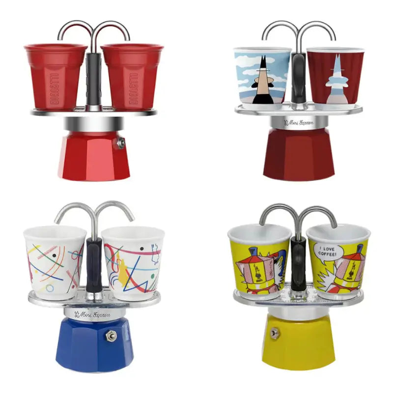 Cafetera moka Mini Express Bialetti roja con 2 vasos a juego y base roja