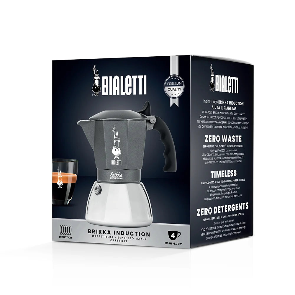 Caja de cafetera Bialetti Moka de inducción Brikka, color negro con ilustración