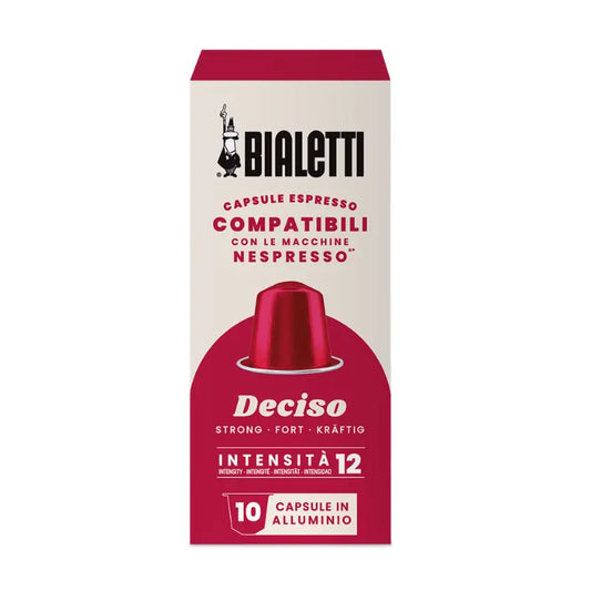 Caja de cápsulas Deciso Bialetti para Nespresso, café espresso intenso, 10 de aluminio.
