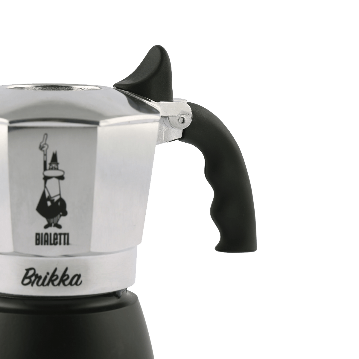 Cafetera italiana compacta de acero pulido con base negra y asa ergonómica de plástico.