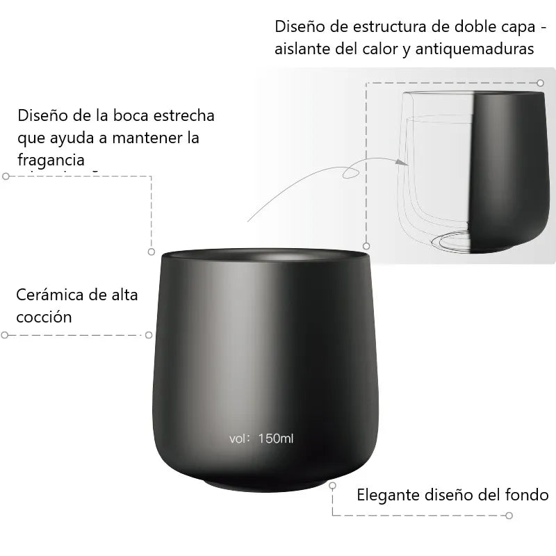 Vaso de cerámica negro de doble pared, 150 ml, base redondeada.