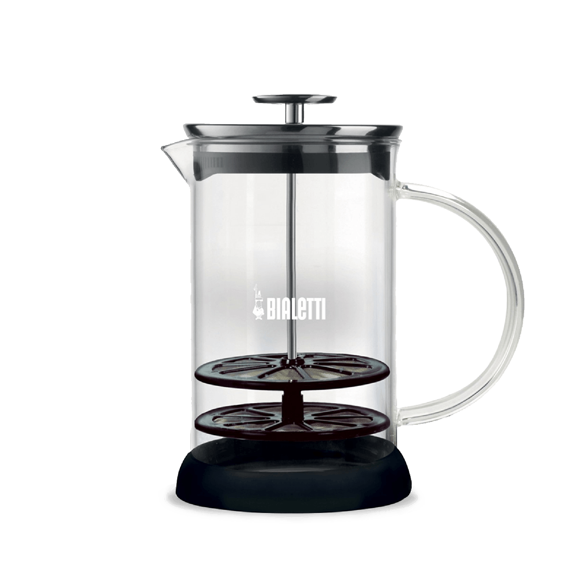 Espumador de leche Bialetti 330 ml de acero inoxidable con asa y base negra.