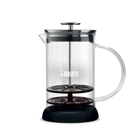 Espumador de leche Bialetti 330 ml de acero inoxidable con asa y base negra.