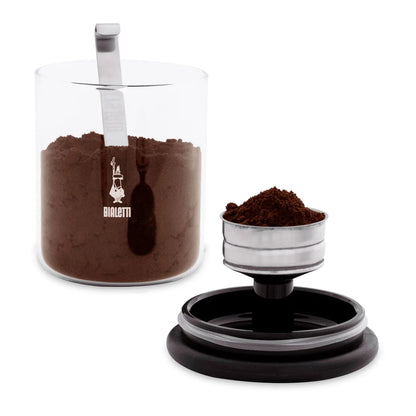 Frasco de vidrio Bialetti para café con tapa negra, cuchara y recipiente metálico