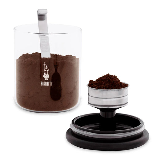 Frasco de vidrio Bialetti para café con tapa negra, cuchara y recipiente metálico