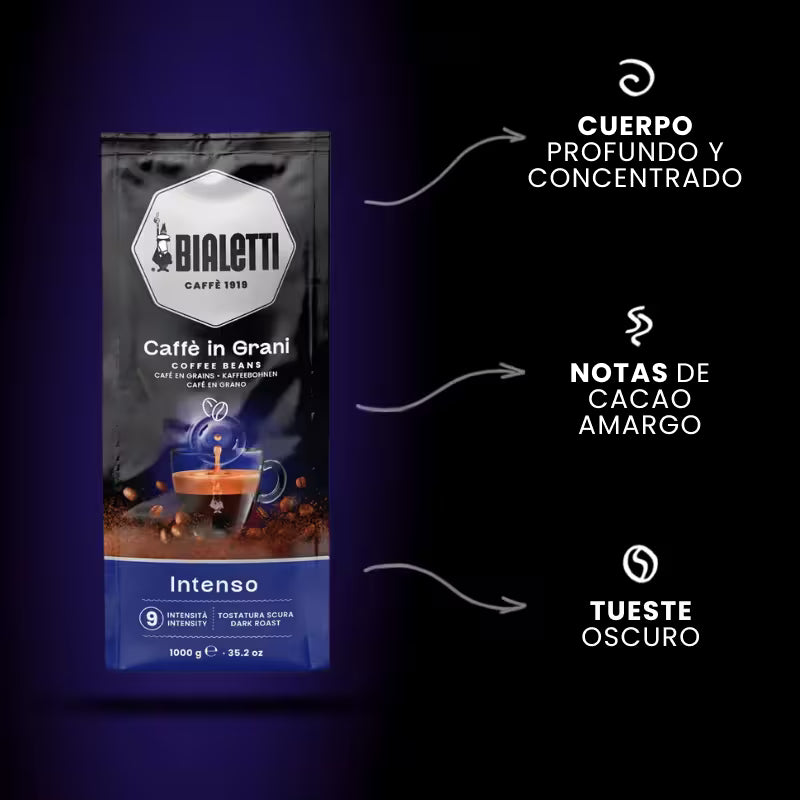 Perfil de café en grano Bialetti Intenso con notas de cacao y tueste oscuro