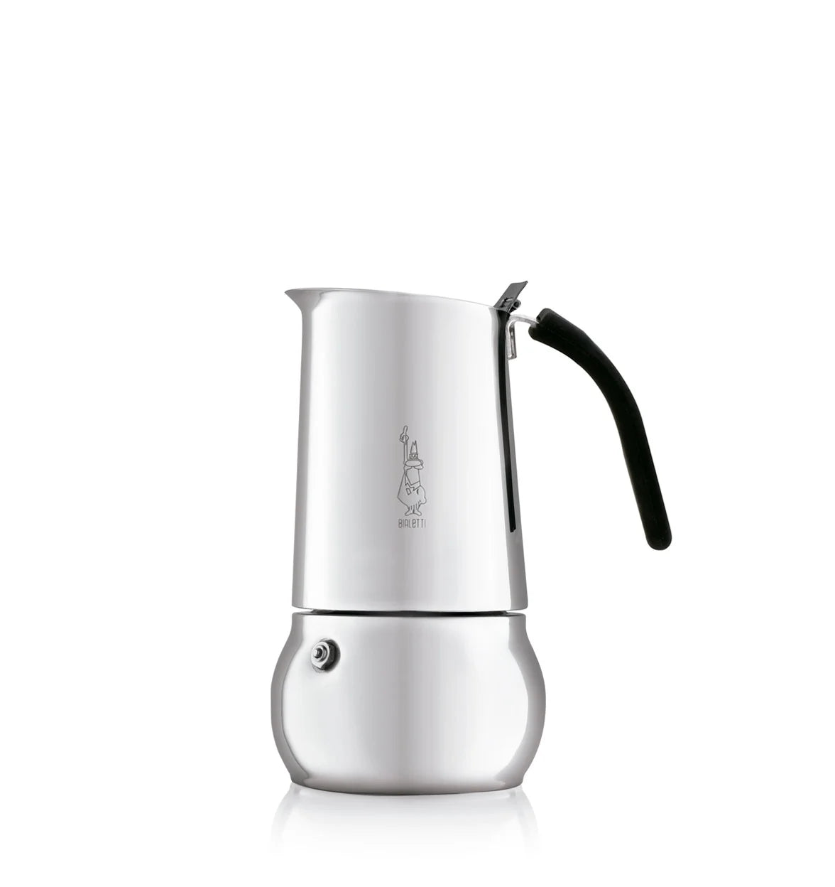 Cafetera italiana Bialetti Kitty de acero inoxidable blanca con asa negra y cierre superior