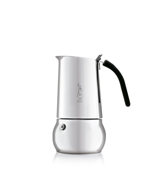 Cafetera italiana Bialetti Kitty de acero inoxidable blanca con asa negra y cierre superior
