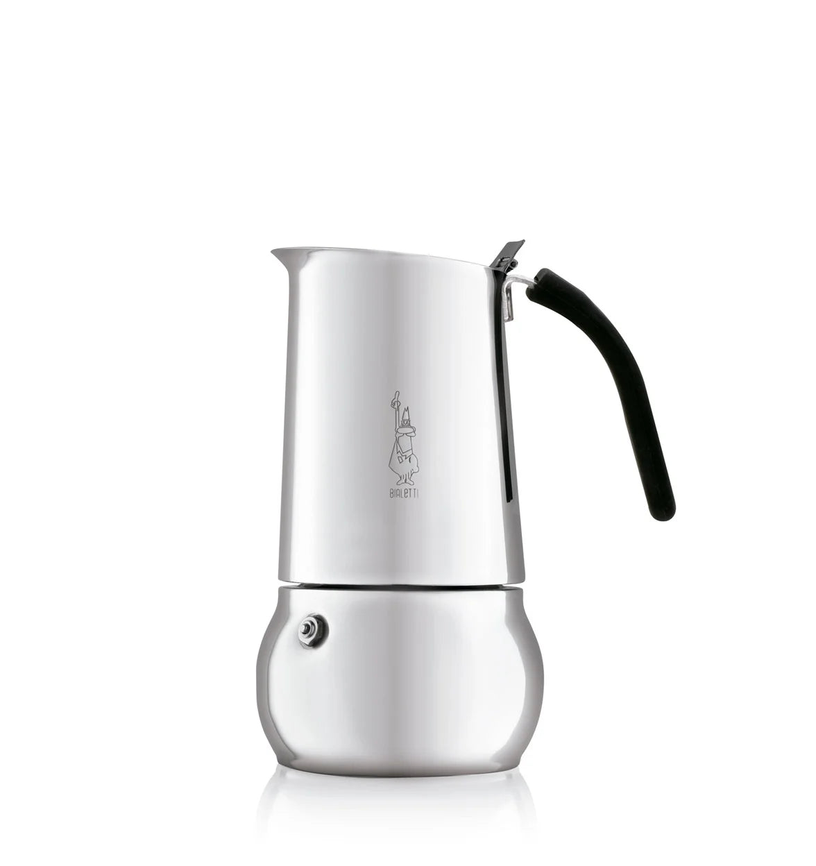 Cafetera italiana Bialetti Kitty de acero blanco con asa negra y cuerpo esbelto