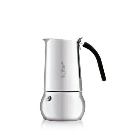 Cafetera italiana Bialetti Kitty de acero blanco con asa negra y cuerpo esbelto