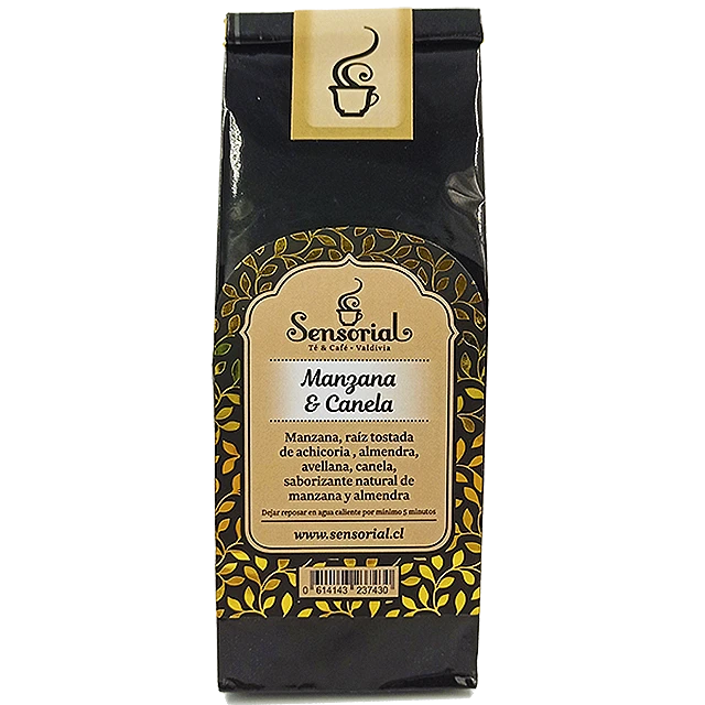Infusión Sensorial Manzana y Canela en bolsa de 50 g, diseño negro y dorado
