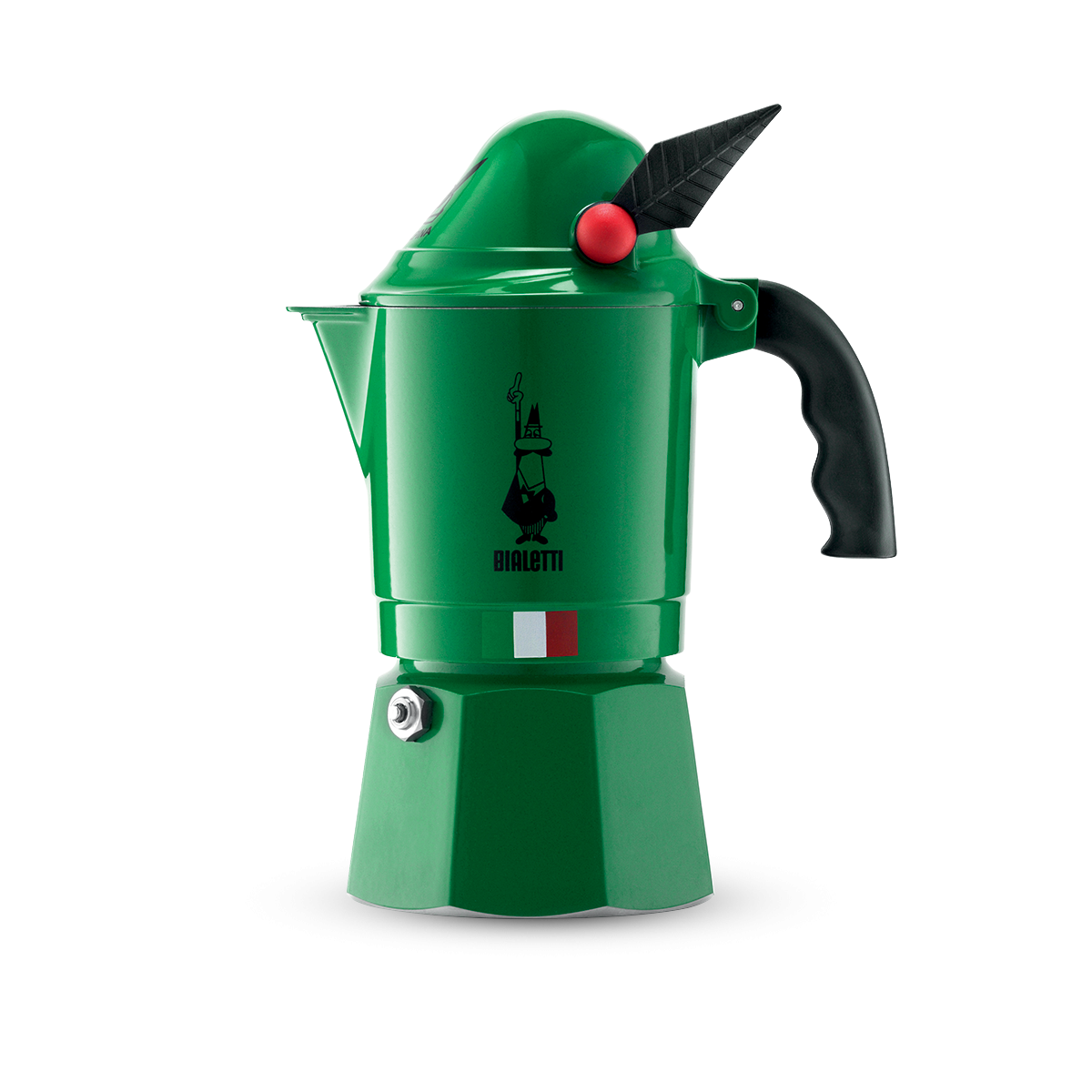 Cafetera moka Bialetti Alpina verde de 3 tazas con asa negra y botón rojo.