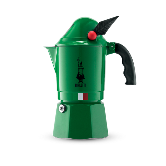 Cafetera moka Bialetti Alpina verde de 3 tazas con asa negra y botón rojo.