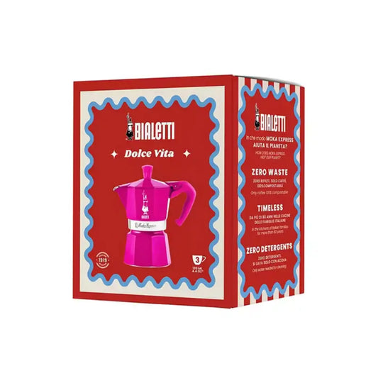Caja de la cafetera italiana Moka Express fucsia Bialetti, 3 tazas, empaquetado