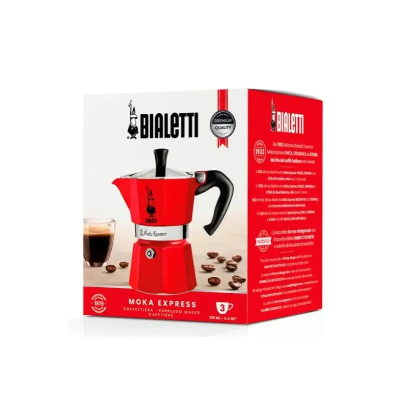 Cafetera italiana Moka Express Bialetti roja en su caja, vista frontal