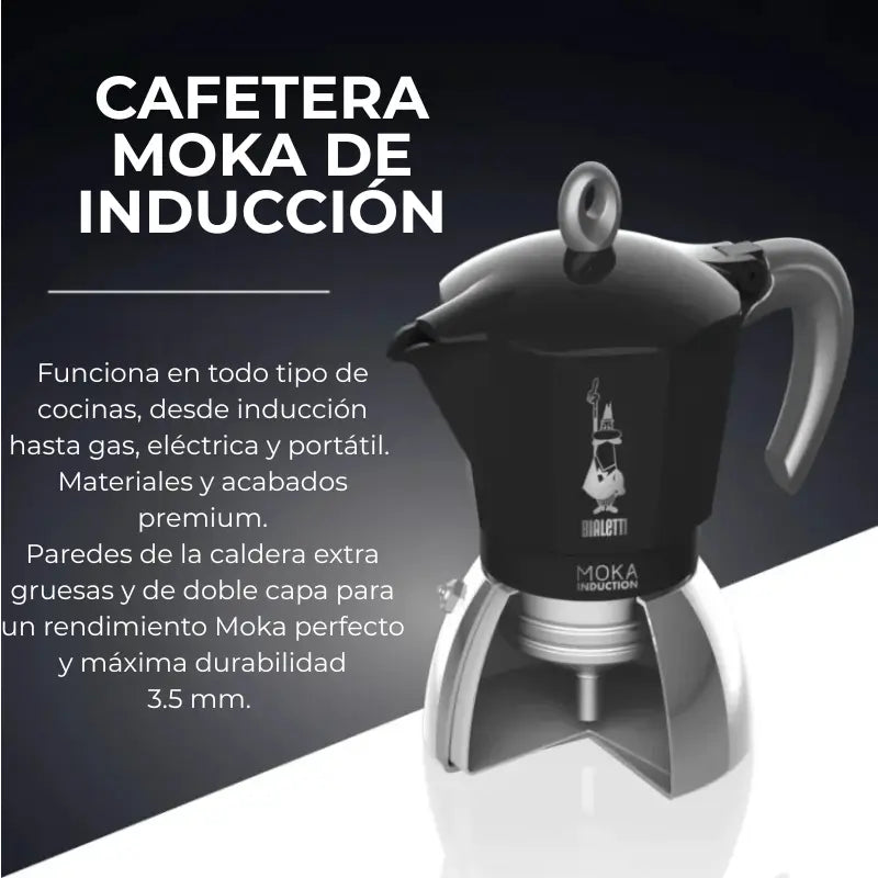 Cafetera italiana Moka de inducción Bialetti negra, presentación sobre fondo oscuro