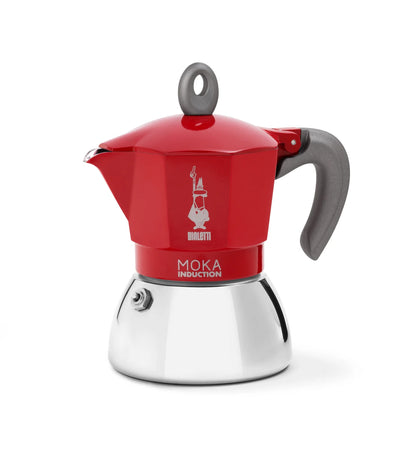 Cafetera italiana Moka de inducción Bialetti roja, vista frontal con asa curva
