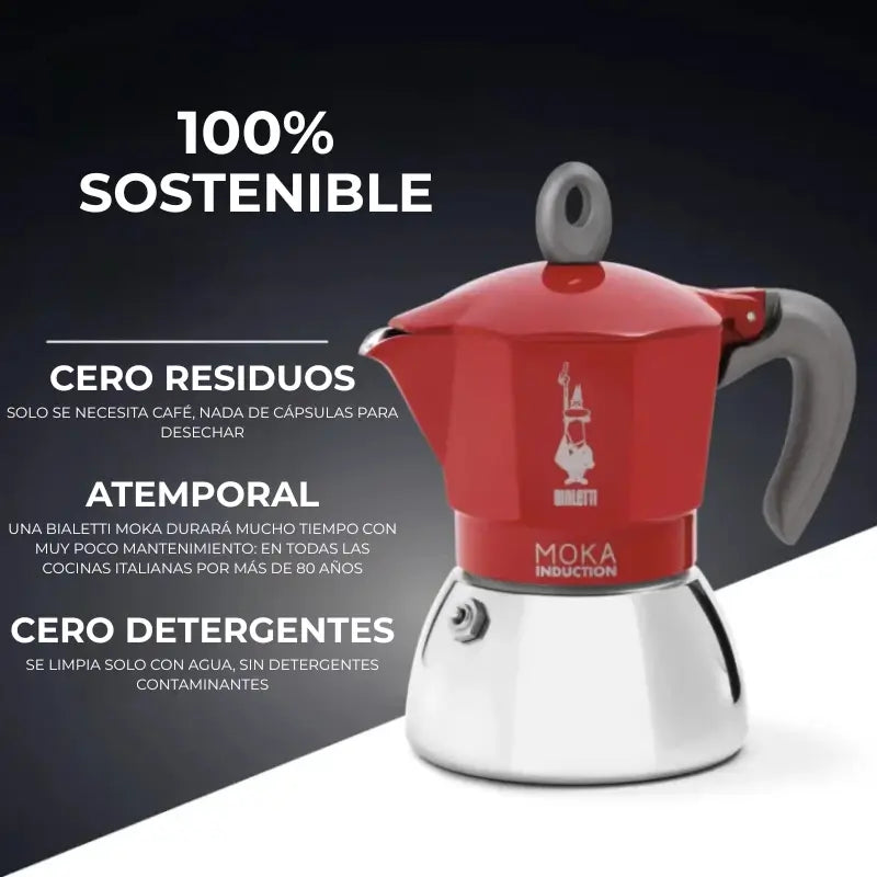 Cafetera italiana Moka de inducción Bialetti roja, presentación sobre fondo oscuro